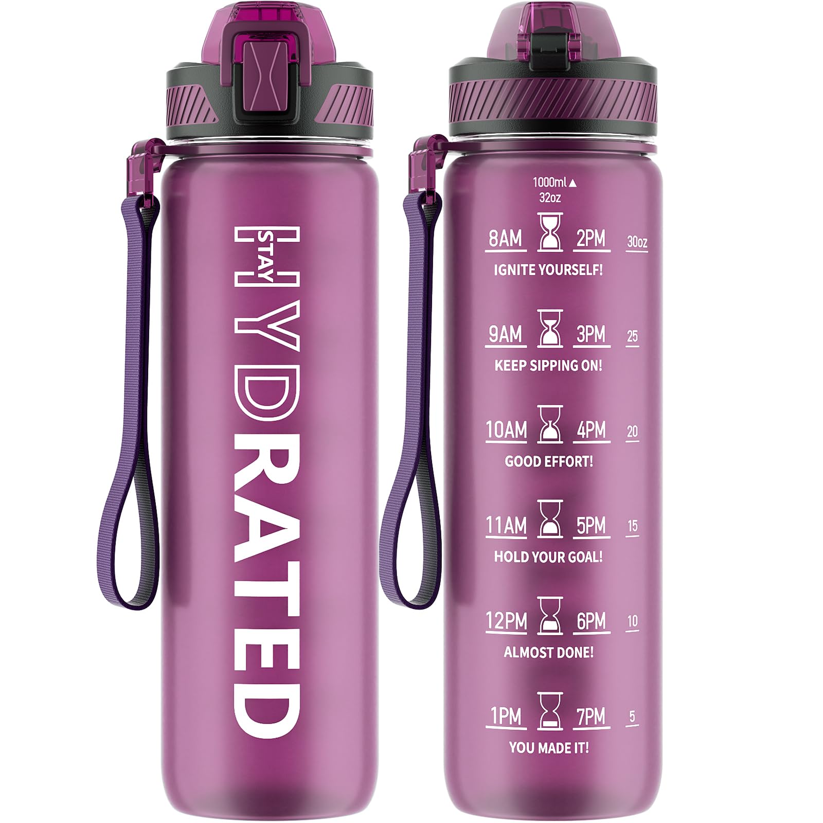 Water Bottle with Straw, 32oz Motivational Water Bottles with Time Marker to Drink, Tritan BPA Free, 1L Sports Water Bottle with Carry Strap LeakProof for Women Gym Fitness Outdoor (1 Pack)