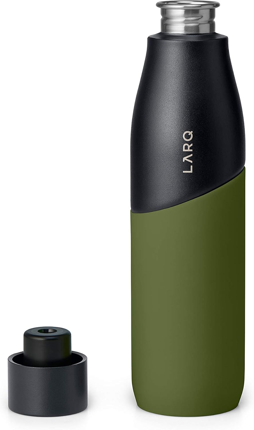 LARQ Bottle Movement PureVis 32 oz - Lightweight Self-Cleaning and Non-Insulated Stainless Steel Water Bottle with UV Water Purifier | Reusable & Travel Friendly, Black/Pine
