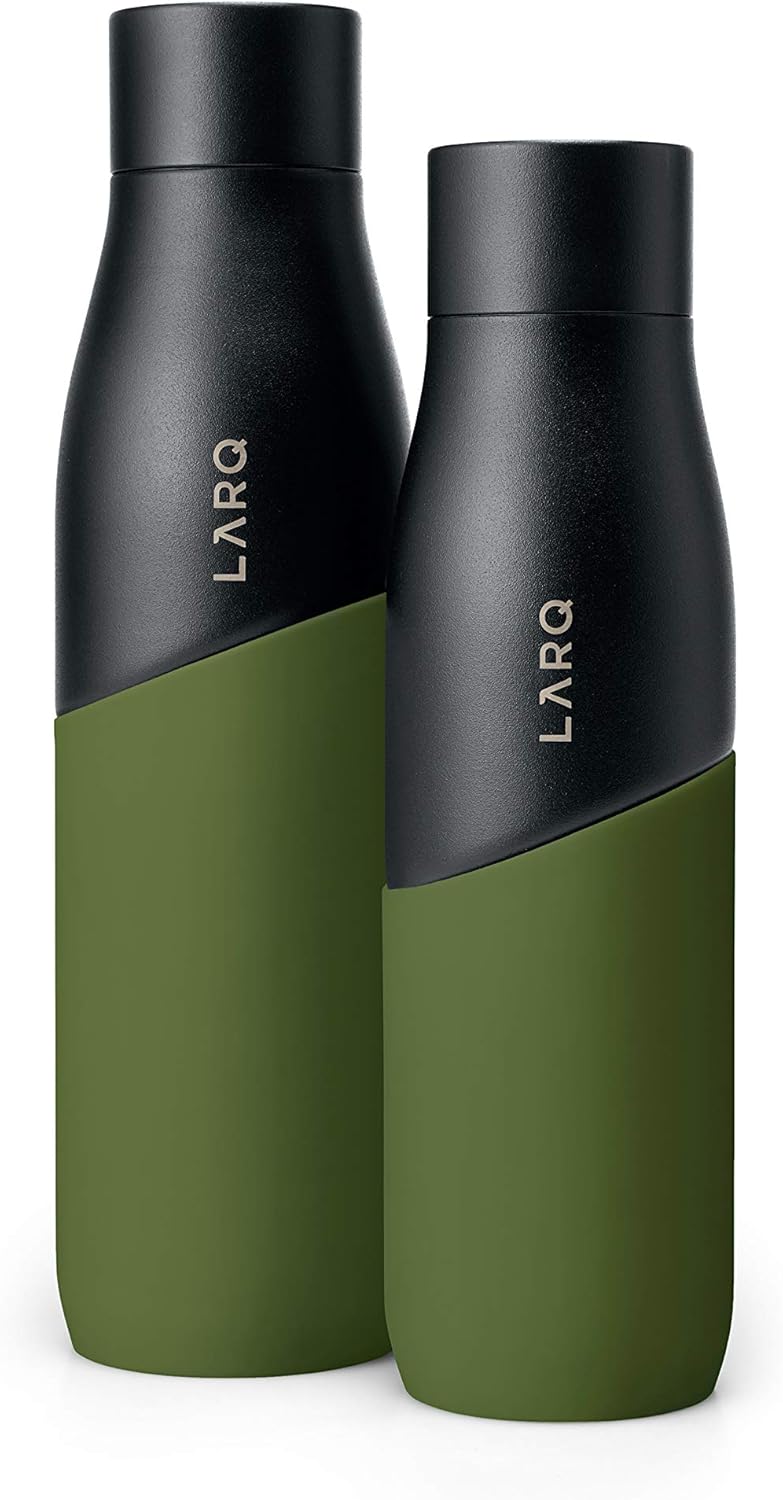 LARQ Bottle Movement PureVis 32 oz - Lightweight Self-Cleaning and Non-Insulated Stainless Steel Water Bottle with UV Water Purifier | Reusable & Travel Friendly, Black/Pine