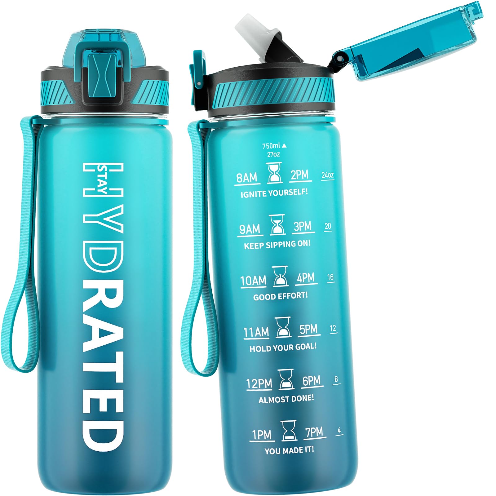 Water Bottle with Straw, 32oz Motivational Water Bottles with Time Marker to Drink, Tritan BPA Free, 1L Sports Water Bottle with Carry Strap LeakProof for Women Gym Fitness Outdoor (1 Pack)