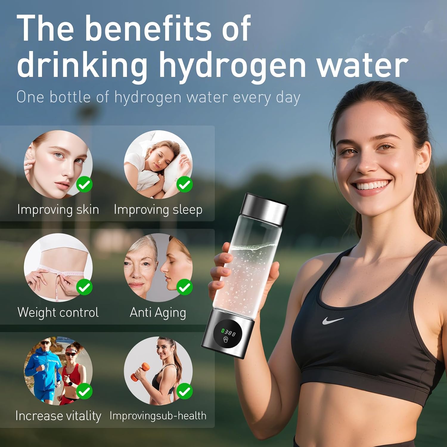 Hydrogen Water Bottle of Glass 460 ML with Nasal Cannula SPE&PEM Technique with The Third Test Certificate with LCD Display