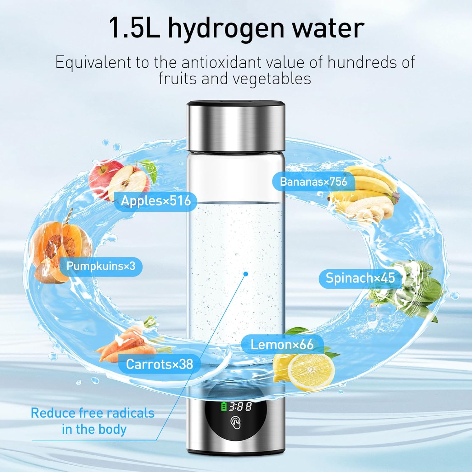 Hydrogen Water Bottle of Glass 460 ML with Nasal Cannula SPE&PEM Technique with The Third Test Certificate with LCD Display