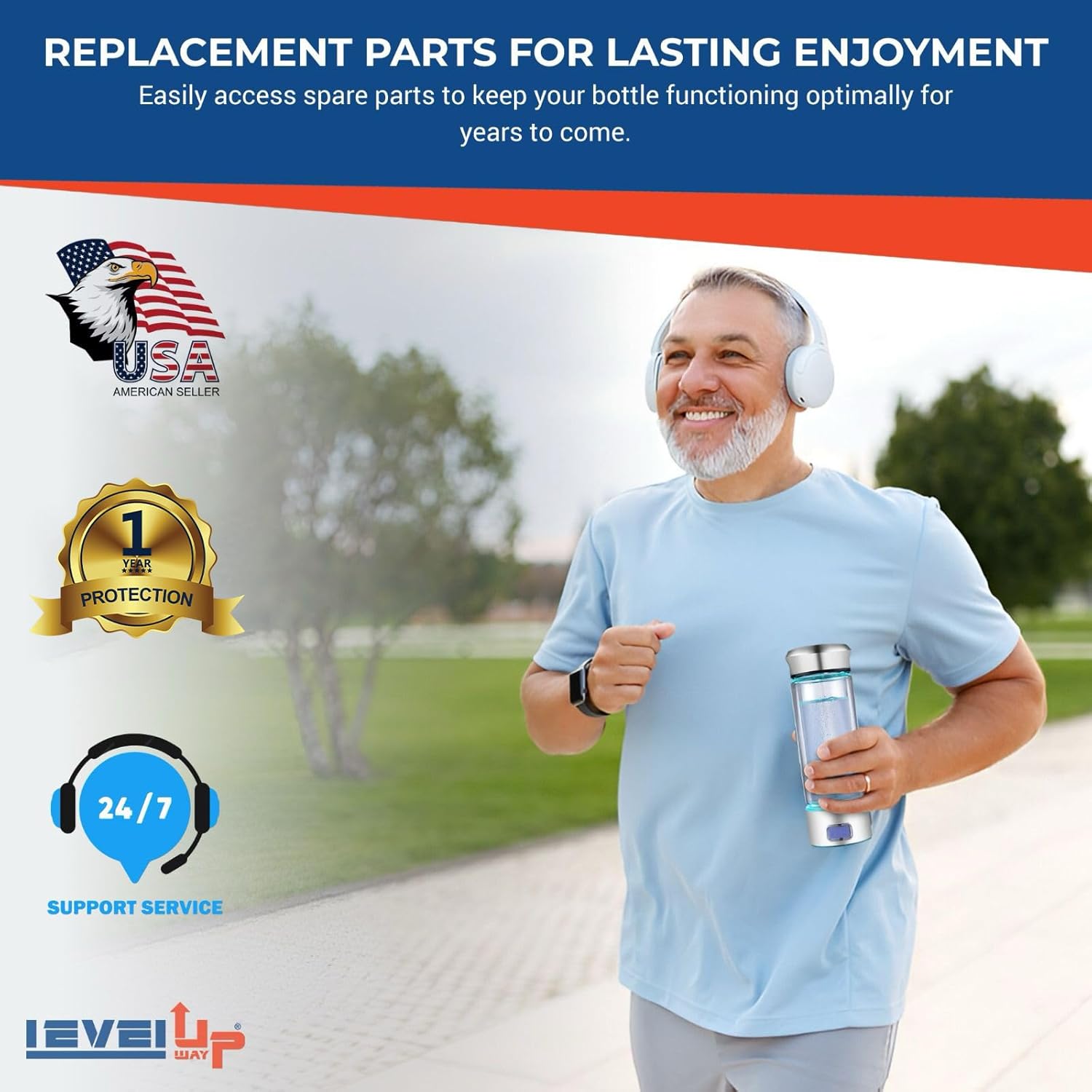 LevelUpWay - Hydrogen Water Bottle Up to 4000PPB SPE PEM Technology Water Ionizer (Borosilicate Glass, Silver)