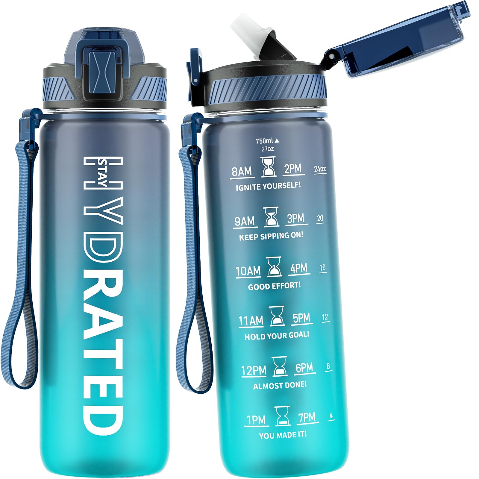 Water Bottle with Straw, 32oz Motivational Water Bottles with Time Marker to Drink, Tritan BPA Free, 1L Sports Water Bottle with Carry Strap LeakProof for Women Gym Fitness Outdoor (1 Pack)