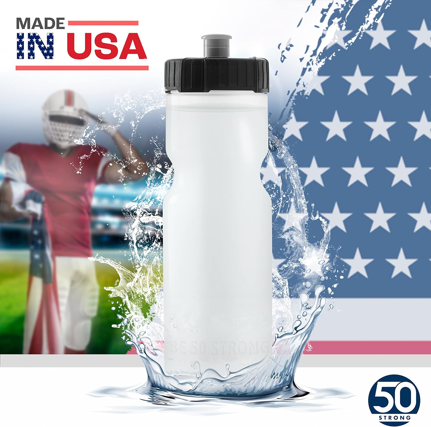 50 Strong Sports Water Bottles – Reusable 22 oz BPA-Free Plastic Bottles with Pull Top Cap – Made in USA – Top Rack Dishwasher Safe – Fits Most Bike Cages Brand